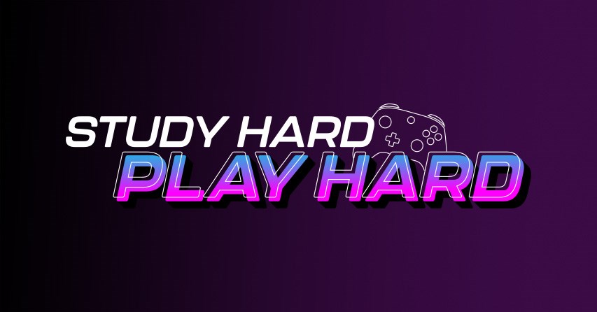 Study Hard. Play Hard. text on a purple black gradient with outline of a game controller