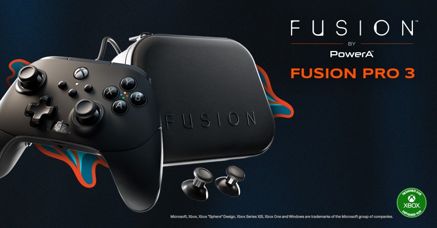 FUSION Pro 3 controller and case on a dark background with color splashes.