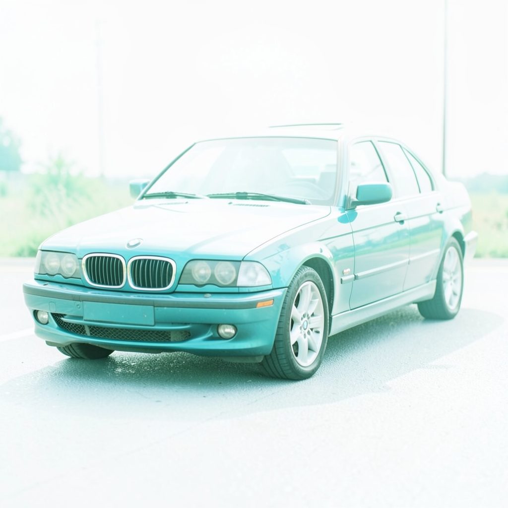 A polished luxury sedan front end with a prominent kidney grille, deep navy bodywork, and bright chrome accents under studio lighting