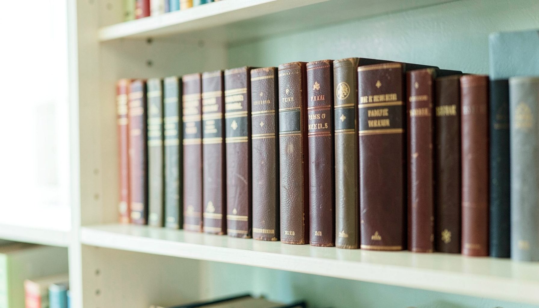 A warm, softly lit library shelf holding a row of vintage automotive books with leather spines in deep browns and burgundies, evoking a quiet scholarly atmosphere