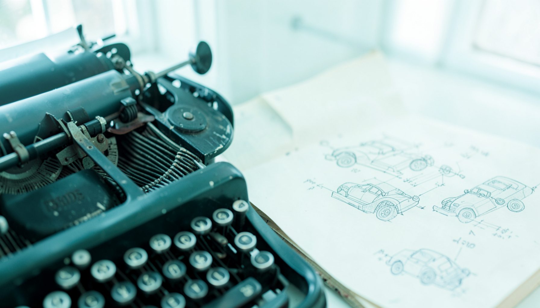 A close-up of a vintage typewriter beside a manuscript page with automotive sketches, bathed in gentle window light